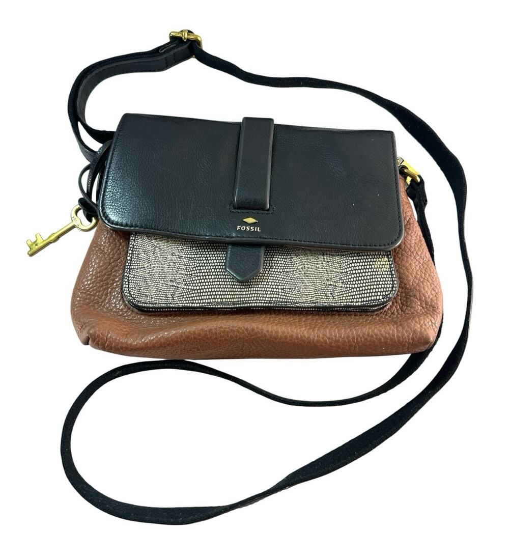 Fossil Leather Crossbody Bag Brown Black Patterned Fabric Key Charm